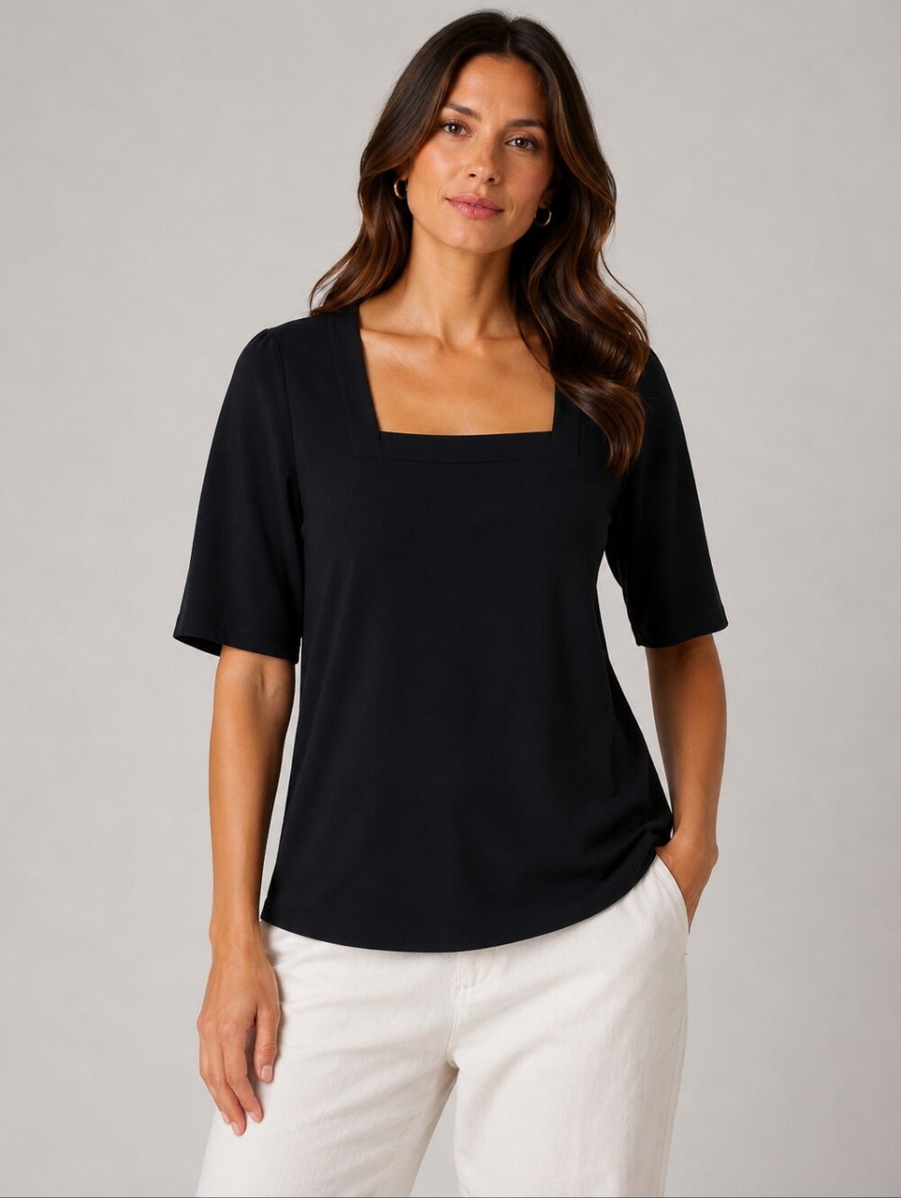 Roz & Ali Black Square Neck Short Sleeve Black Top. Size S. NEW.
